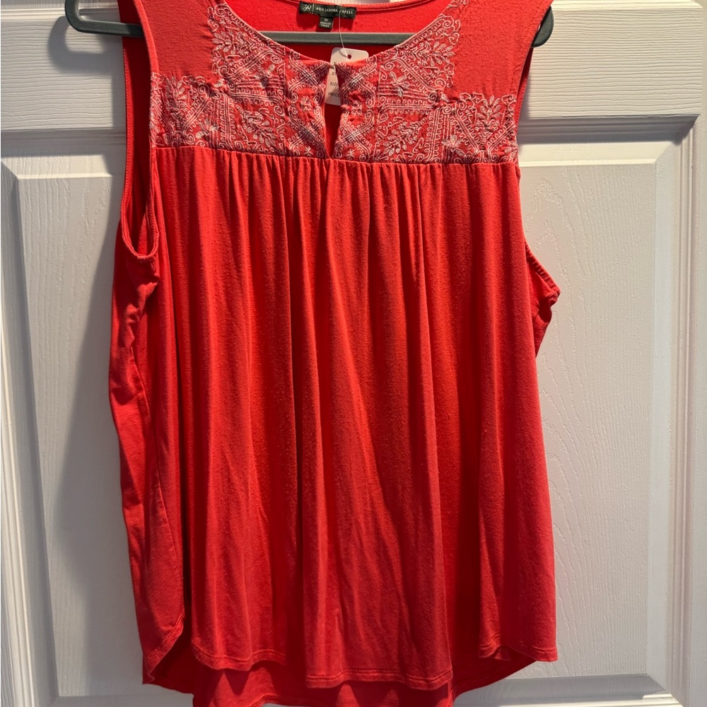 Adrianna Papell Coral Tank Top with white embroidered Detail